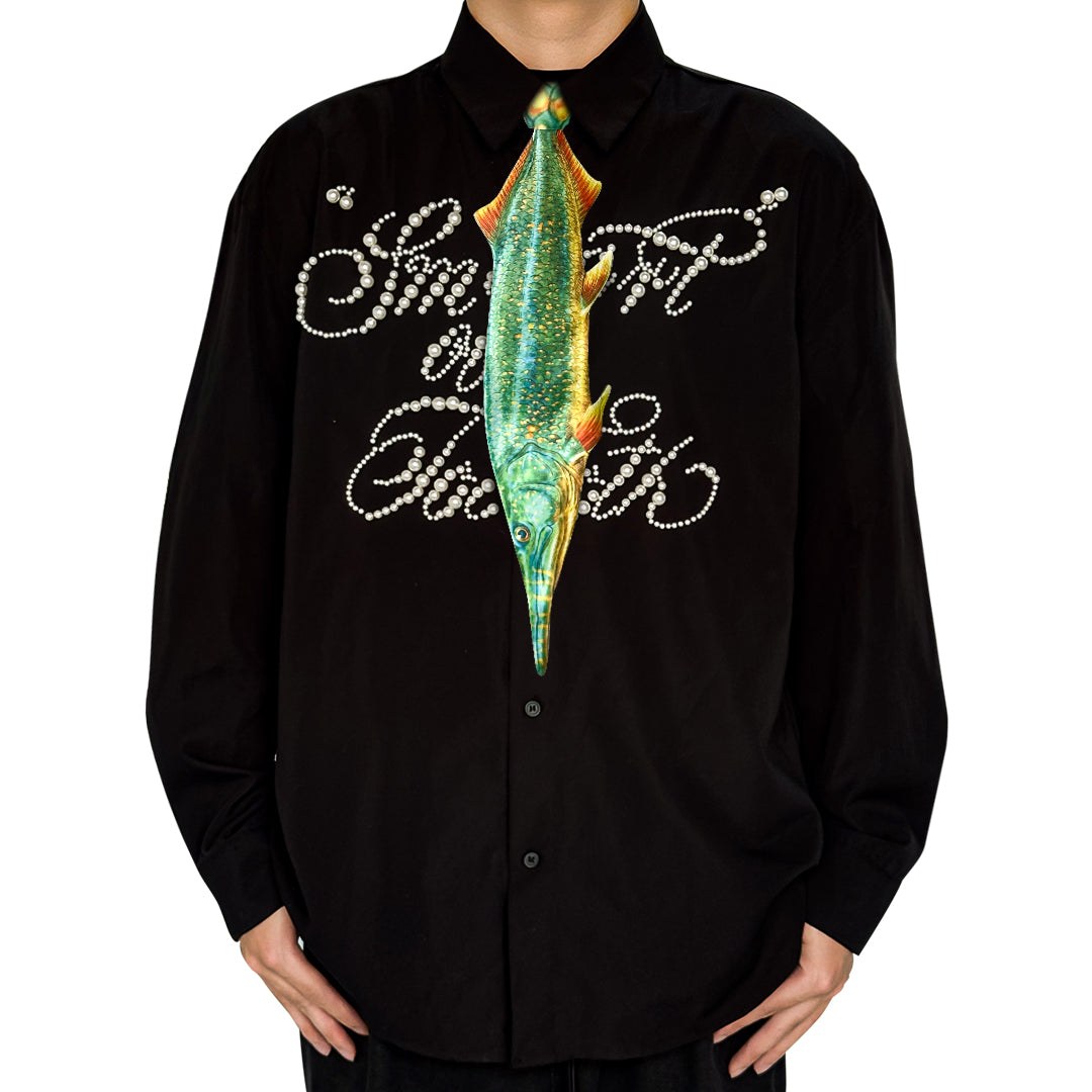Novelty necktie featuring a realistic, detailed illustration of a green needlefish, a unique and eye-catching fashion accessory for aquatic life enthusiasts.
