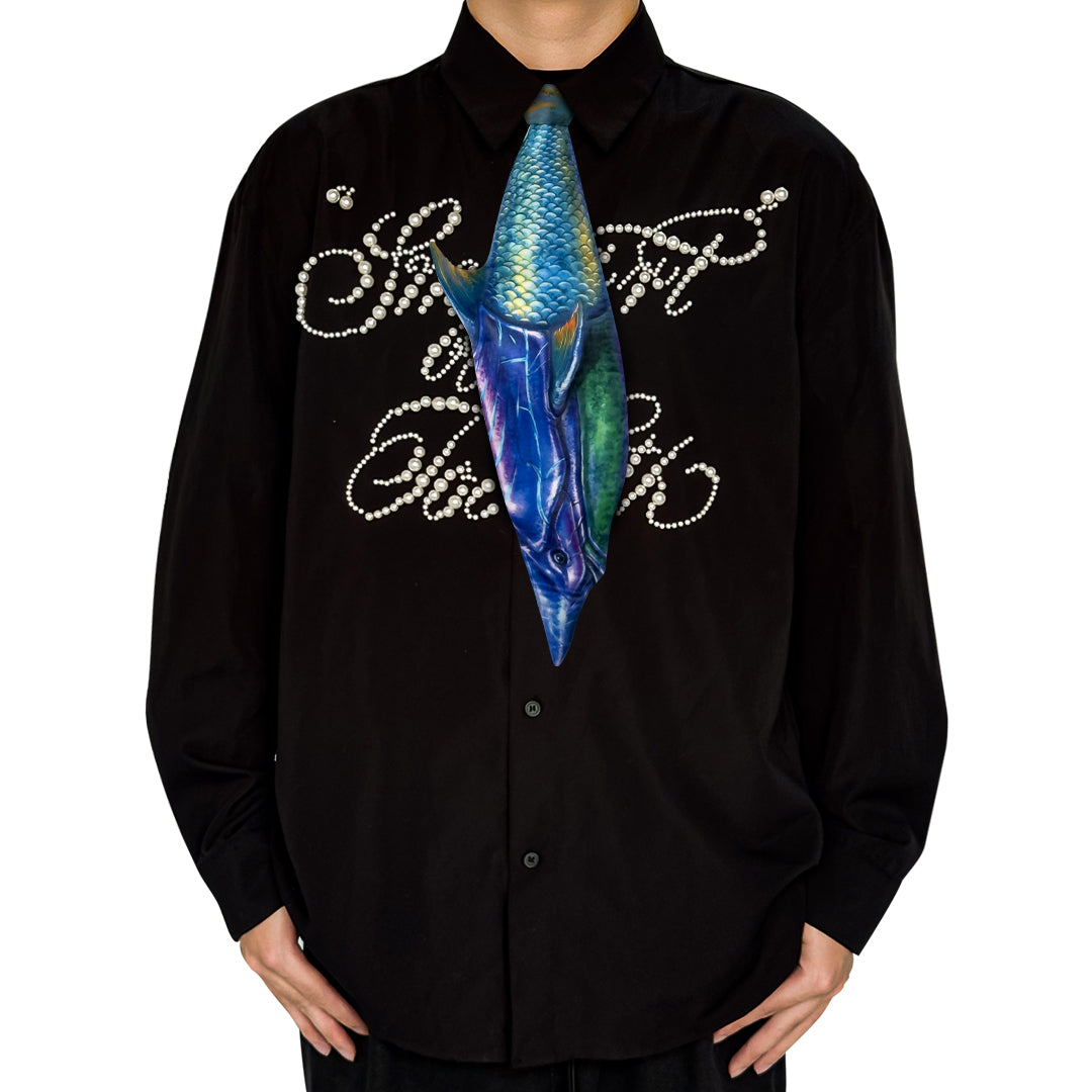 Novelty necktie featuring a realistic, detailed illustration of a fish with striking blue iridescent scales, a unique and eye-catching fashion accessory for aquatic life enthusiasts.