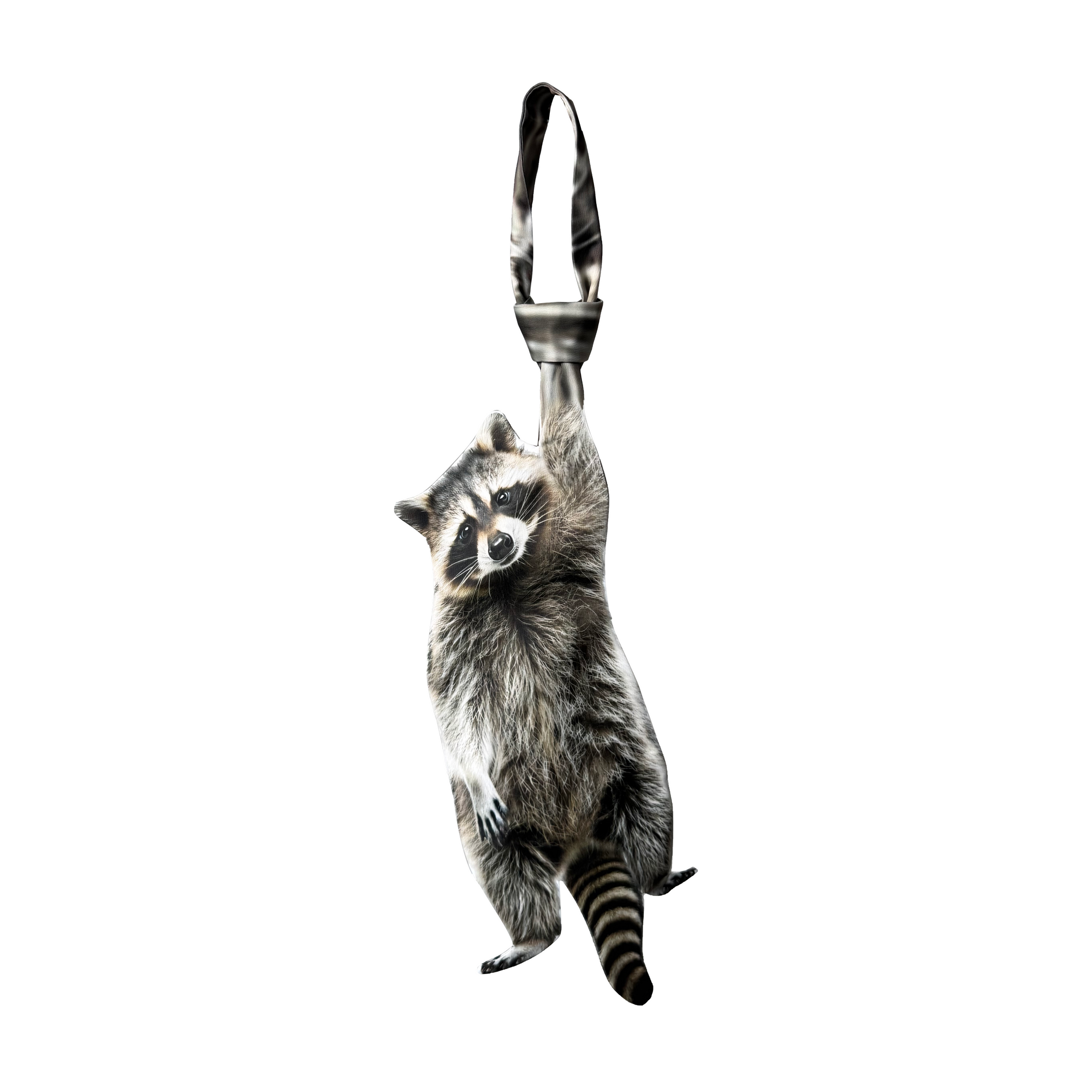 Novelty necktie featuring a realistic hanging raccoon design, a fun and unique fashion accessory.