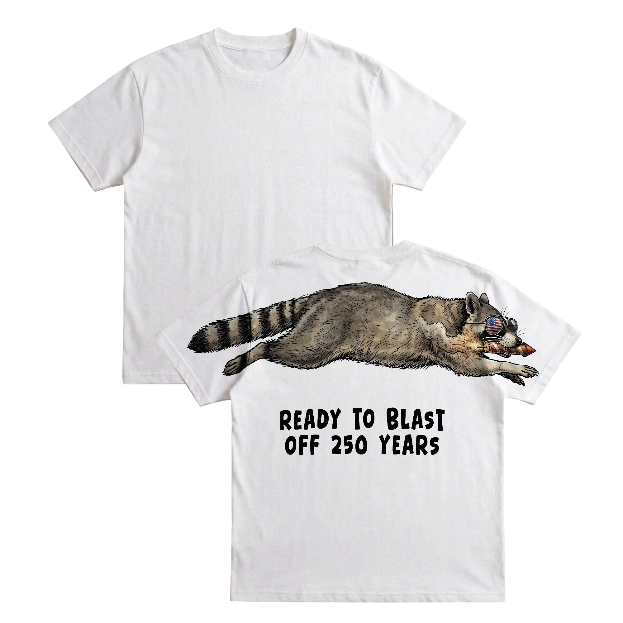 Raccoon ready to blast off 250 years graphic tee by Dripvity, unisex oversized black t-shirt with patriotic raccoon and fireworks design