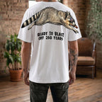 Raccoon ready to blast off 250 years graphic tee by Dripvity, unisex oversized black t-shirt with patriotic raccoon and fireworks design