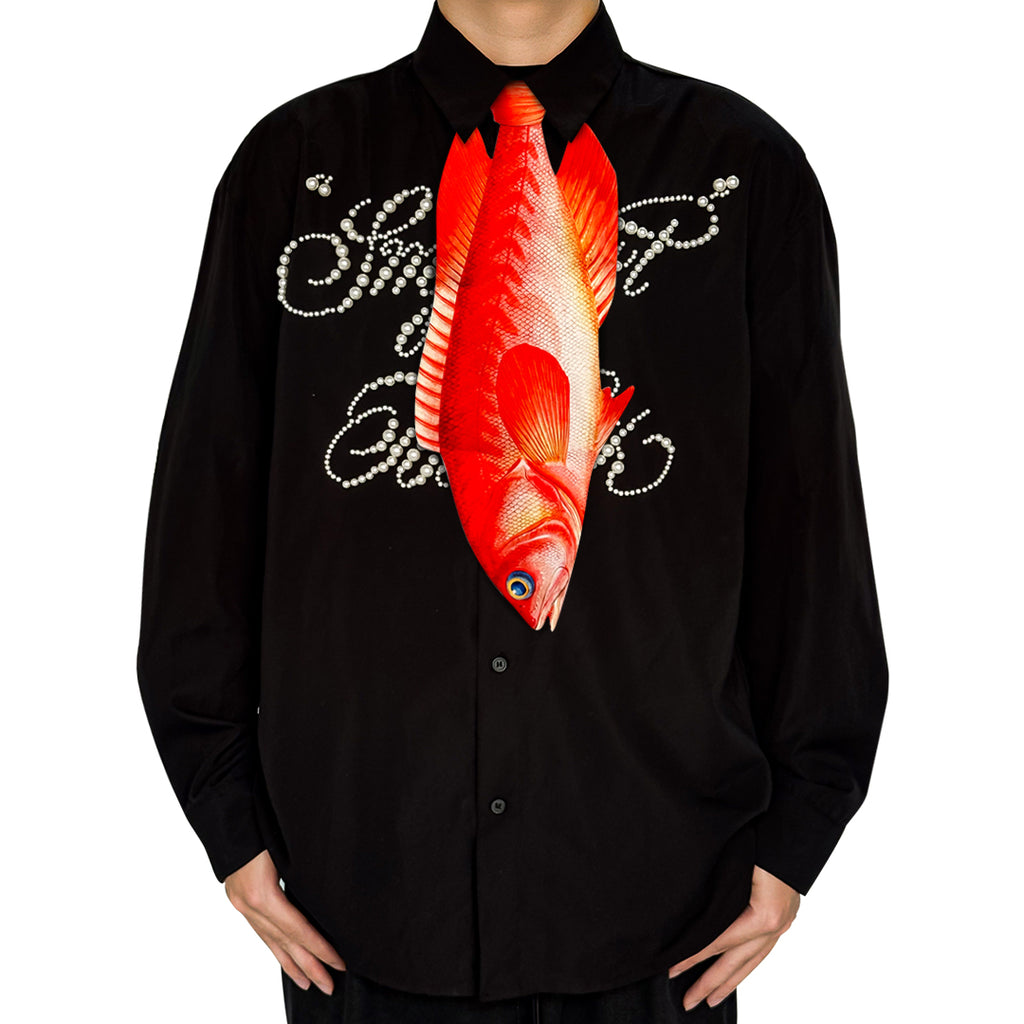 Novelty necktie featuring a realistic hanging bright red fish design, a bold and unique fashion accessory for those who love novelty items.