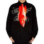 Novelty necktie featuring a realistic hanging bright red fish design, a bold and unique fashion accessory for those who love novelty items.