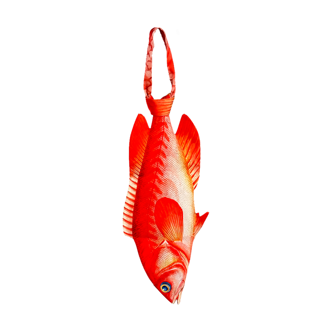Novelty necktie featuring a realistic hanging bright red fish design, a bold and unique fashion accessory for those who love novelty items.