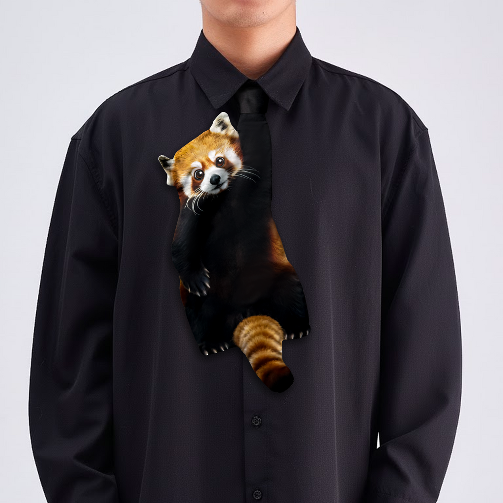 Novelty necktie featuring a realistic hanging red panda design, a fun and unique fashion accessory.