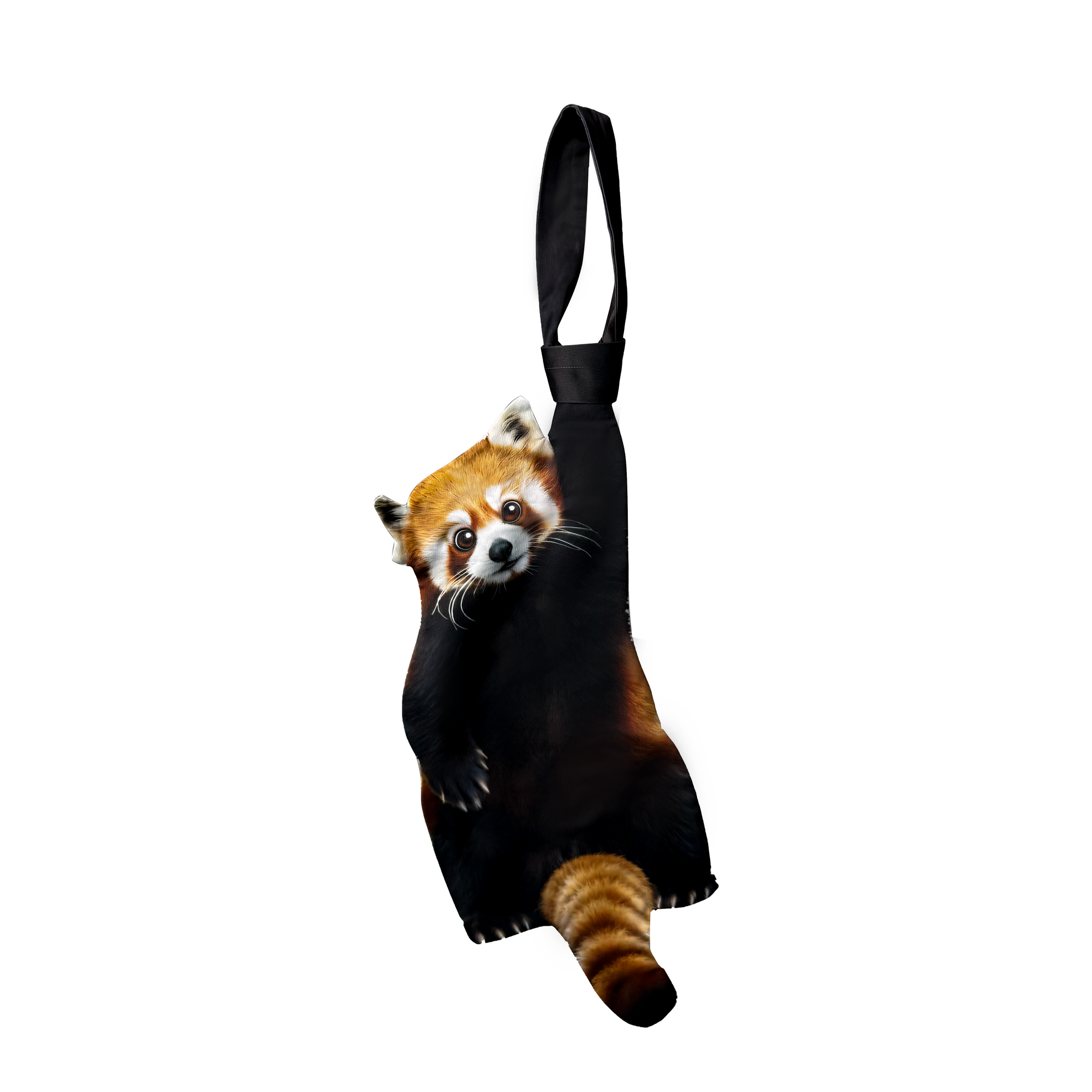 Novelty necktie featuring a realistic hanging red panda design, a fun and unique fashion accessory.