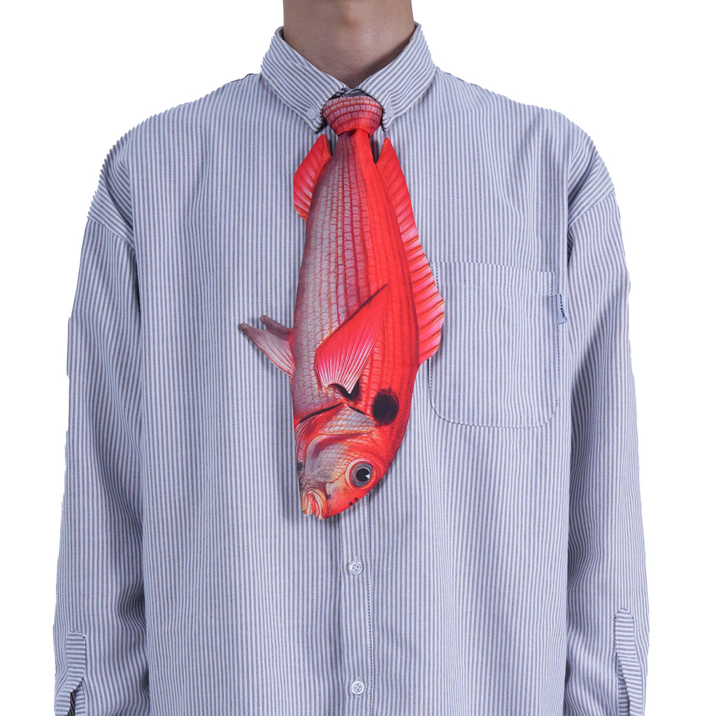 Vibrant red fish-shaped novelty tie, fun and unique accessory for casual wear or themed parties.