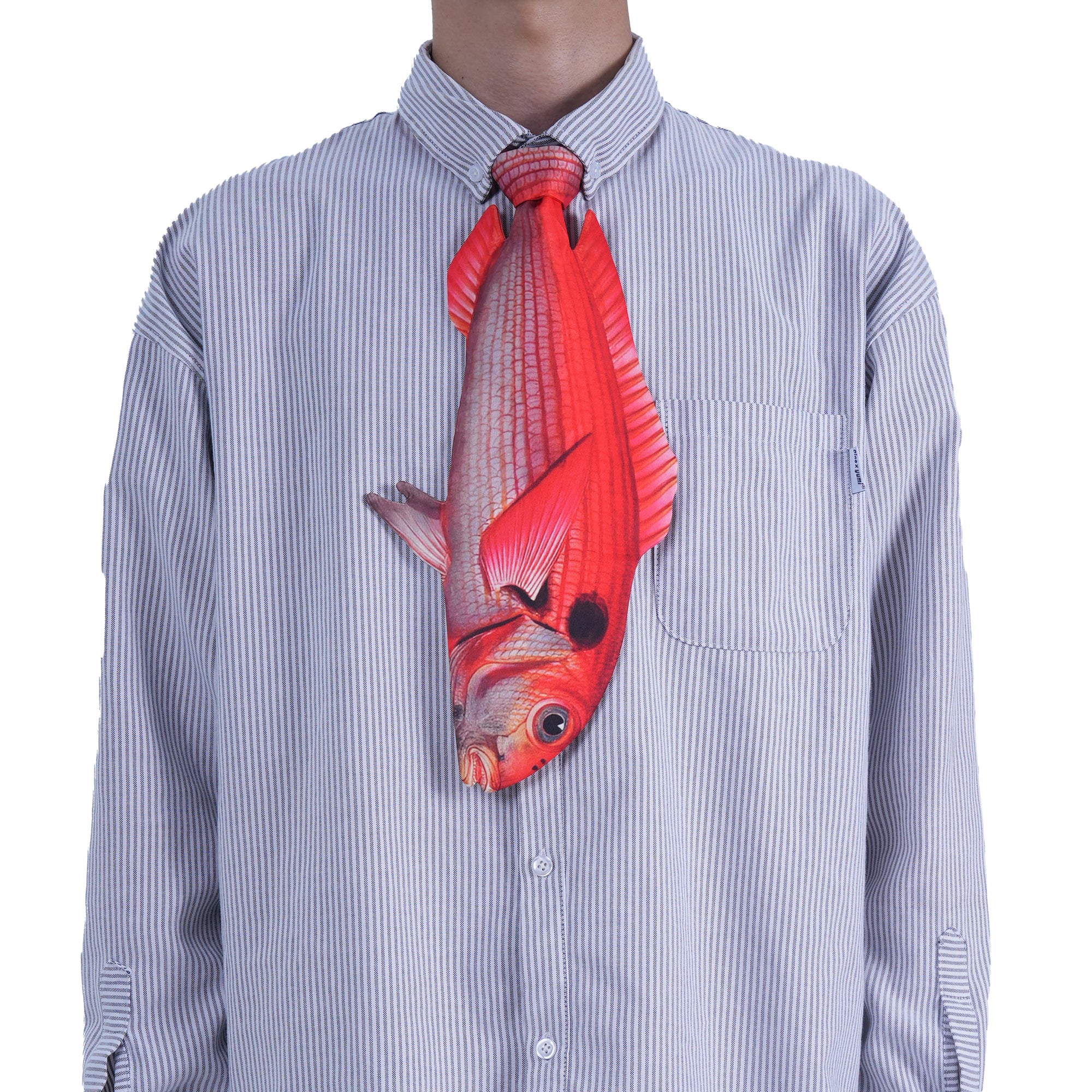 Vibrant red fish-shaped novelty tie, fun and unique accessory for casual wear or themed parties.