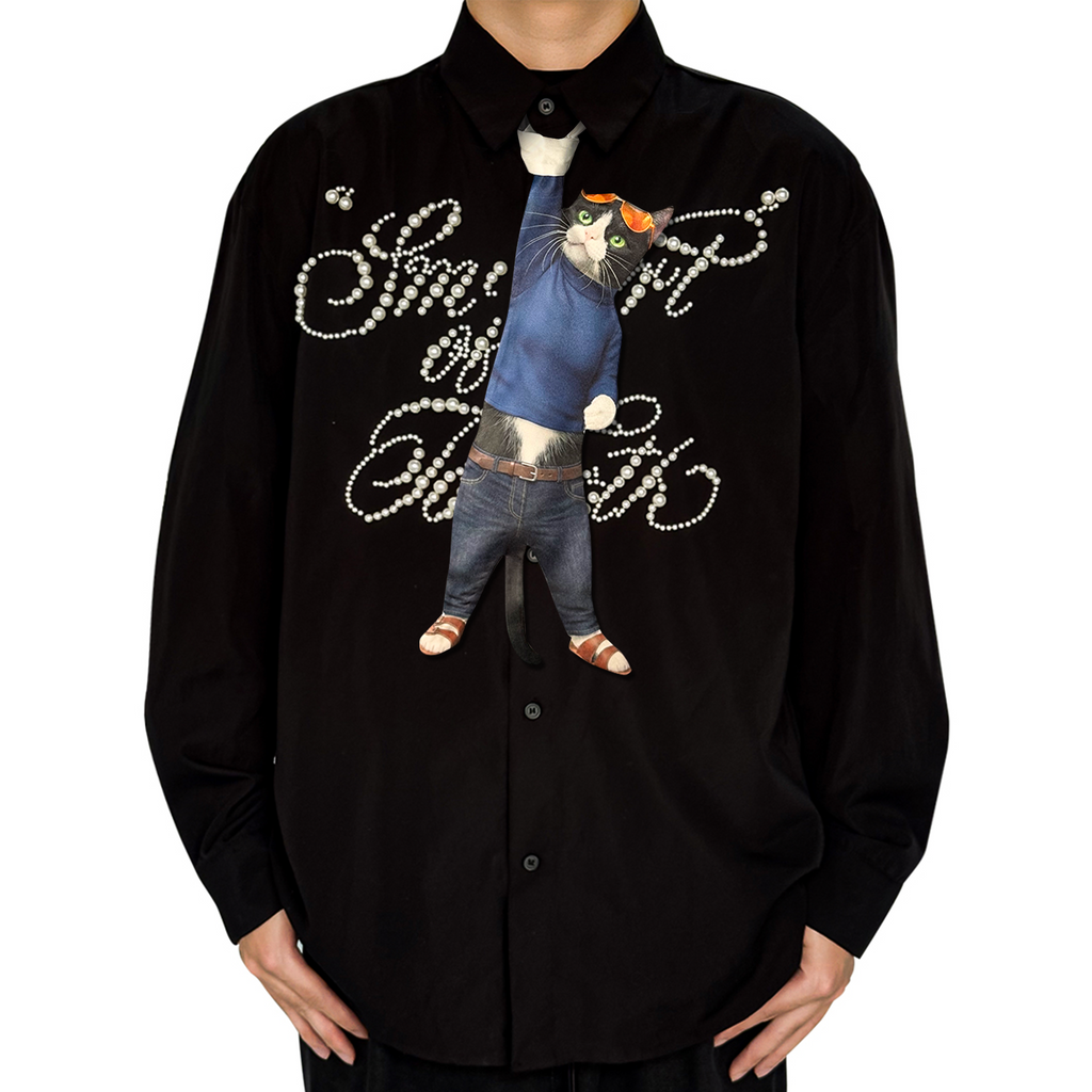 Novelty necktie featuring a creative illustration of a tuxedo cat cosplaying as Nico Robin from One Piece, wearing a blue turtleneck sweater, jeans, and sunglasses, a fun and unique fashion accessory for anime fans