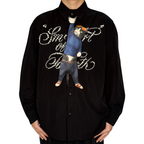 Novelty necktie featuring a creative illustration of a tuxedo cat cosplaying as Nico Robin from One Piece, wearing a blue turtleneck sweater, jeans, and sunglasses, a fun and unique fashion accessory for anime fans
