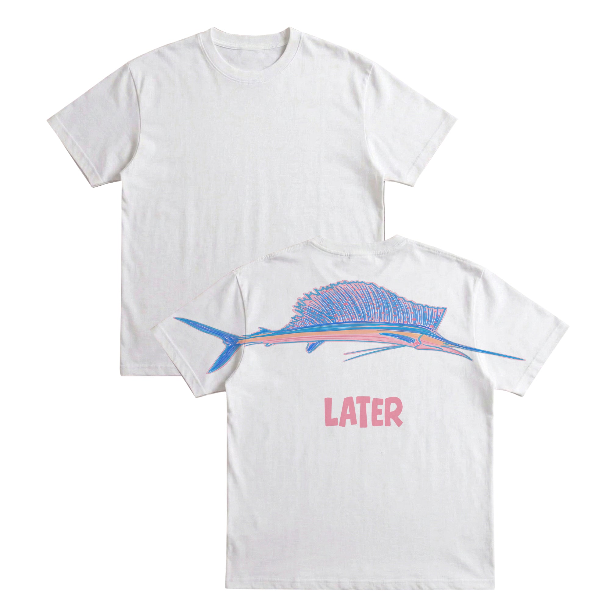 Sailfish Later graphic tee black washed by Dripvity, unisex oversized vintage t-shirt with colorful sailfish print and pink text on back