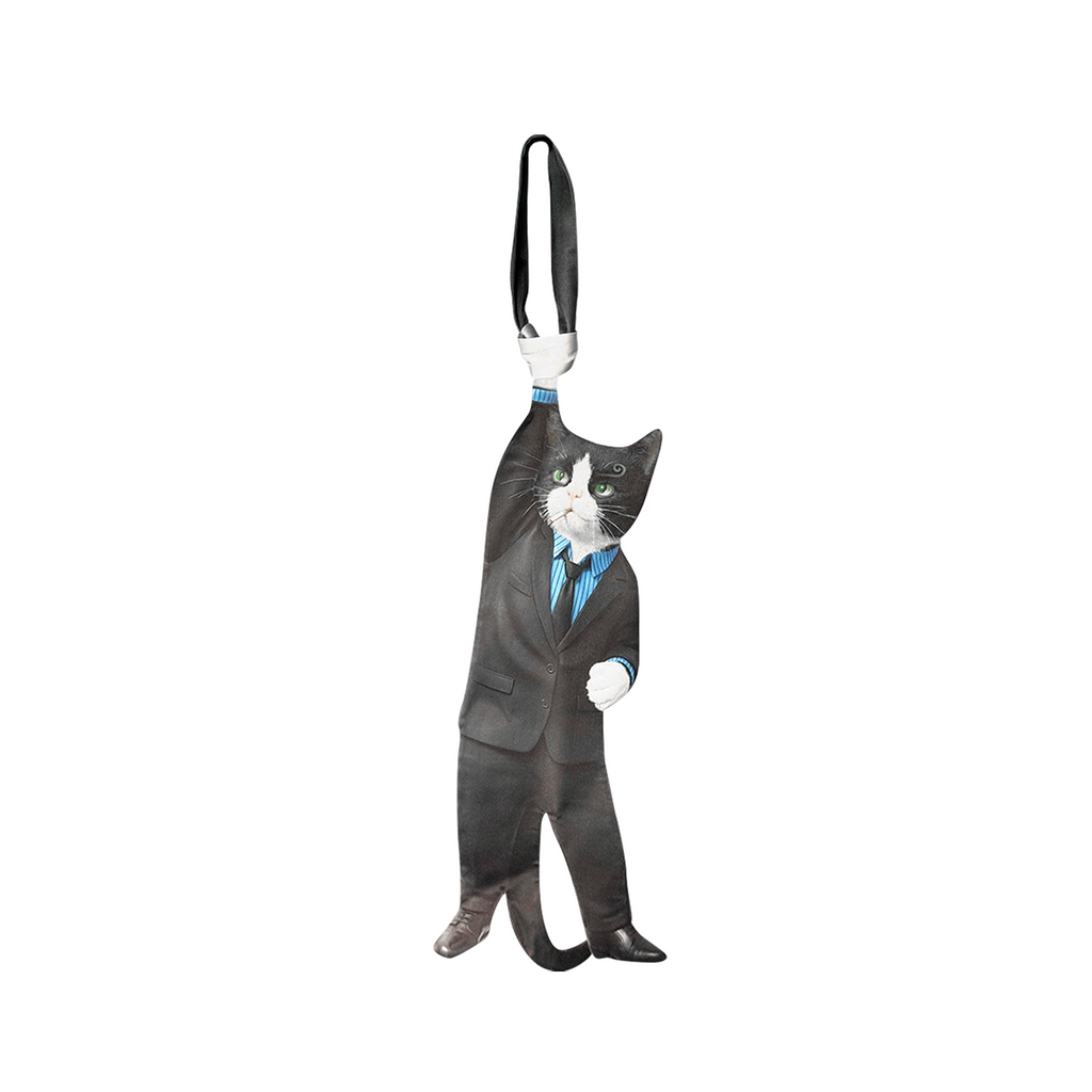 Novelty necktie featuring a creative illustration of a tuxedo cat dressed in a professional black suit, blue dress shirt, and tie, a fun and unique fashion accessory for cat lovers and professionals