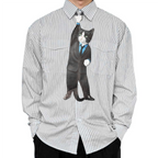 Novelty necktie featuring a creative illustration of a tuxedo cat dressed in a professional black suit, blue dress shirt, and tie, a fun and unique fashion accessory for cat lovers and professionals