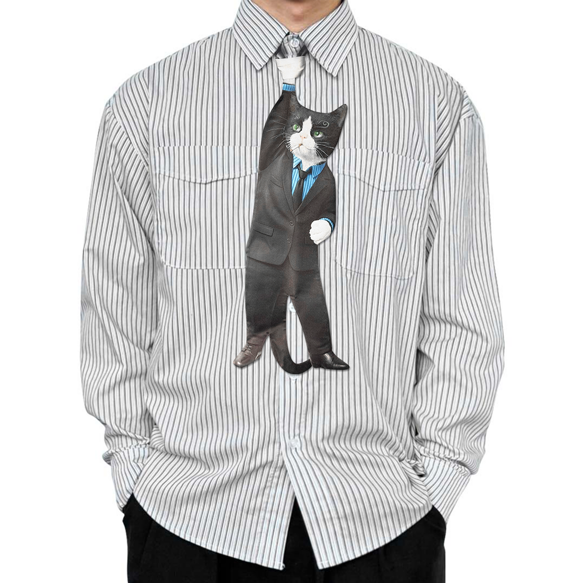 Novelty necktie featuring a creative illustration of a tuxedo cat dressed in a professional black suit, blue dress shirt, and tie, a fun and unique fashion accessory for cat lovers and professionals