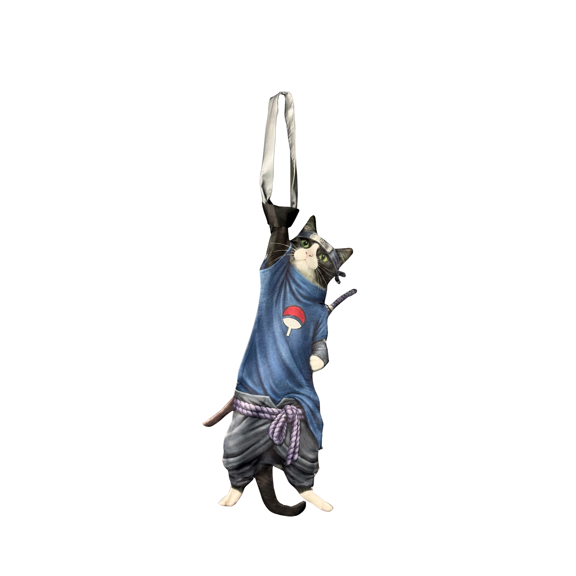 Novelty necktie featuring a creative illustration of a tuxedo cat cosplaying as Sasuke Uchiha from Naruto, wearing a blue shirt with the Uchiha clan crest, a purple rope belt, and carrying a sword on its back. A unique and fun fashion accessory for anime fans