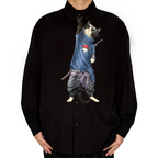 Novelty necktie featuring a creative illustration of a tuxedo cat cosplaying as Sasuke Uchiha from Naruto, wearing a blue shirt with the Uchiha clan crest, a purple rope belt, and carrying a sword on its back. A unique and fun fashion accessory for anime fans