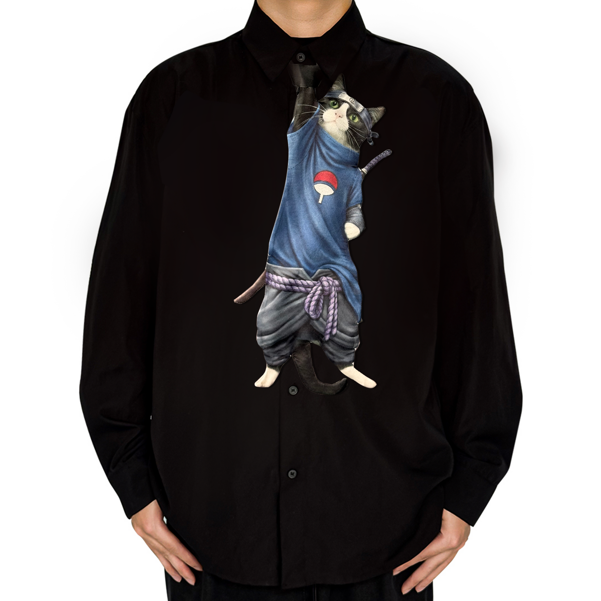 Novelty necktie featuring a creative illustration of a tuxedo cat cosplaying as Sasuke Uchiha from Naruto, wearing a blue shirt with the Uchiha clan crest, a purple rope belt, and carrying a sword on its back. A unique and fun fashion accessory for anime fans