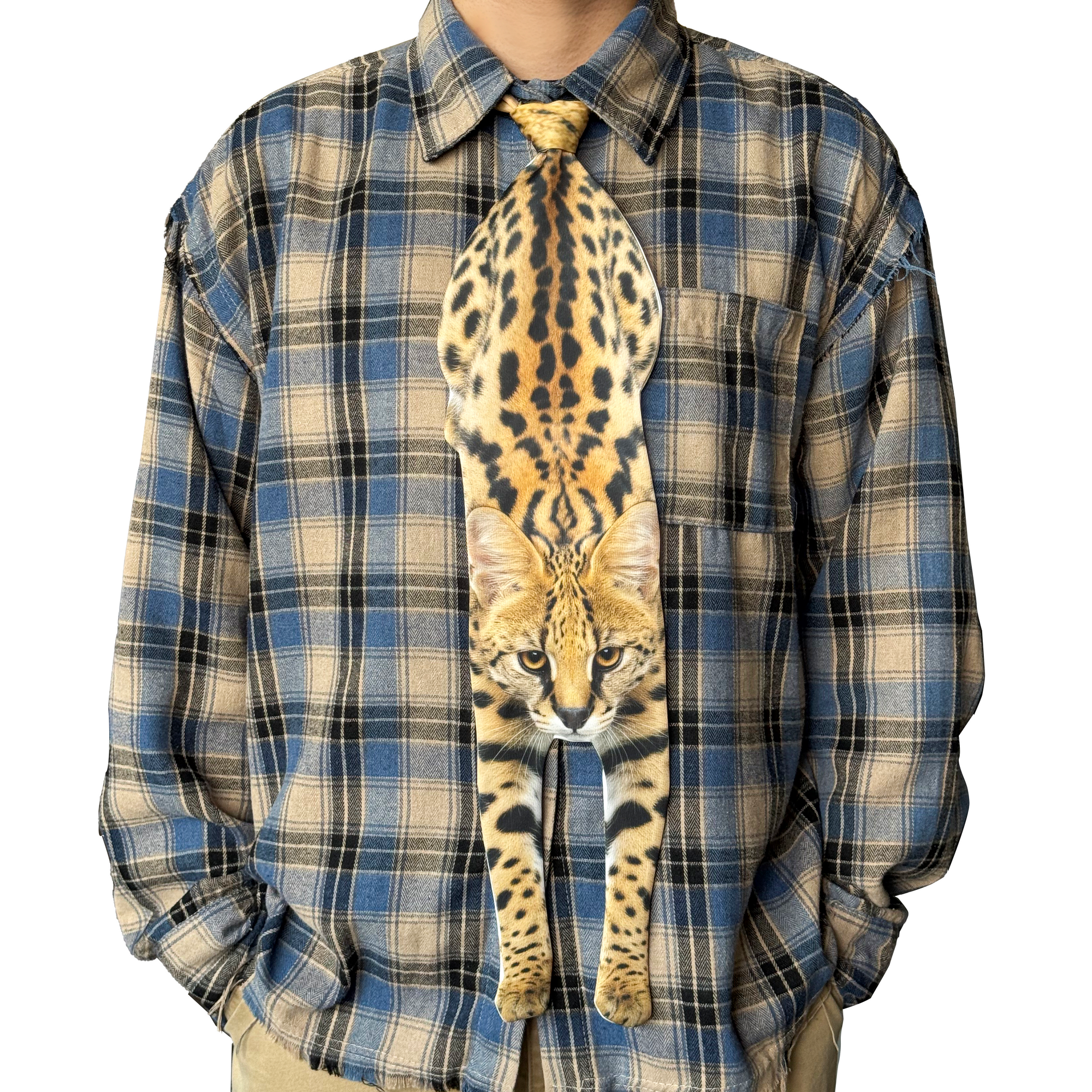 Novelty necktie featuring a realistic hanging Serval cat design, a unique and eye-catching fashion accessory.
