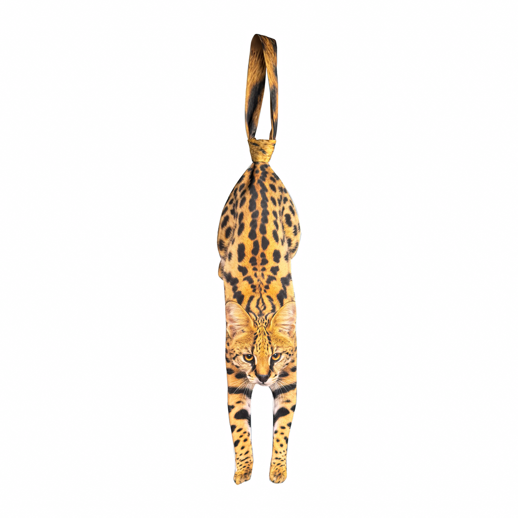 Novelty necktie featuring a realistic hanging Serval cat design, a unique and eye-catching fashion accessory.