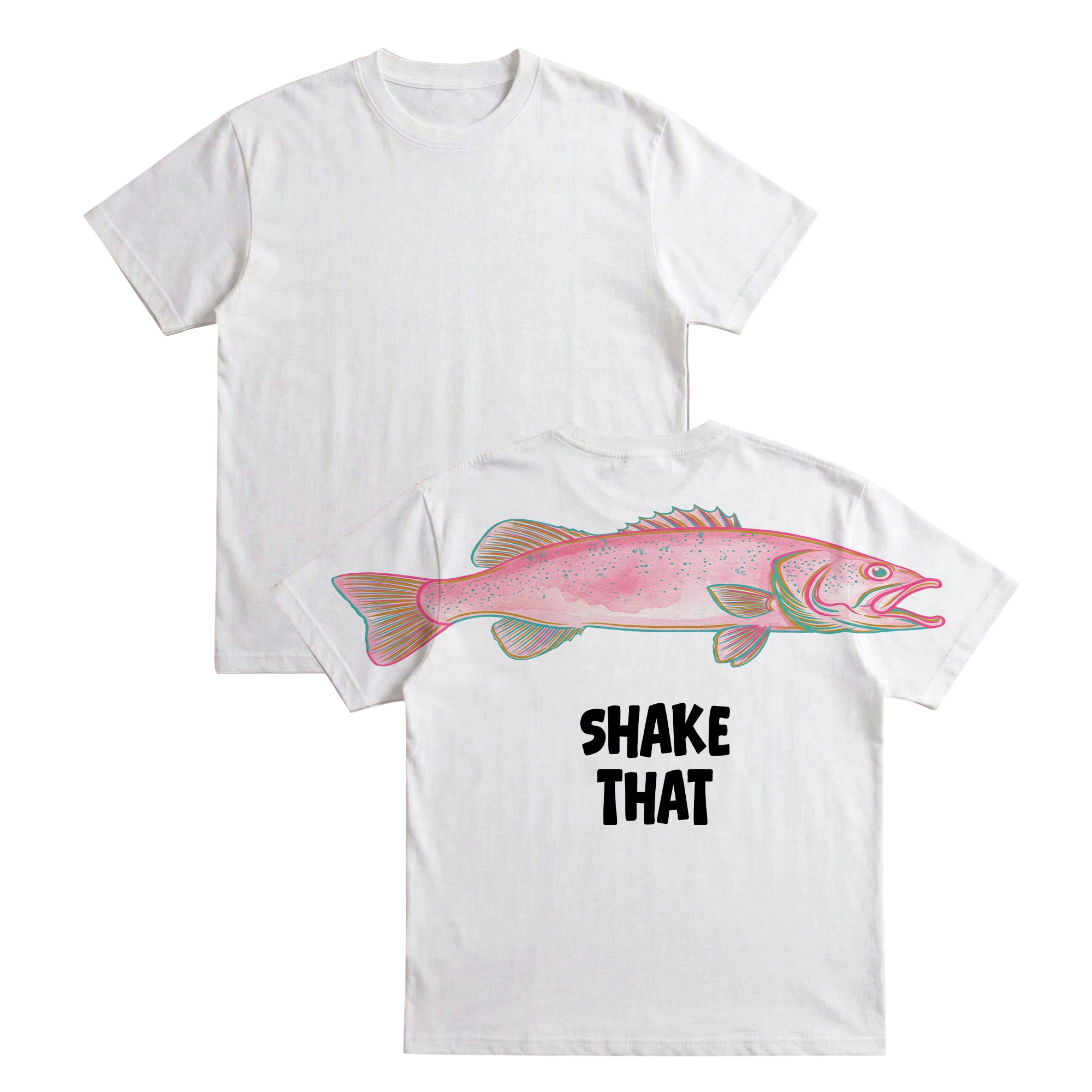 Shake That fish graphic tee funny streetwear by Dripvity, unisex oversized white t-shirt with colorful pink fish and bold text design