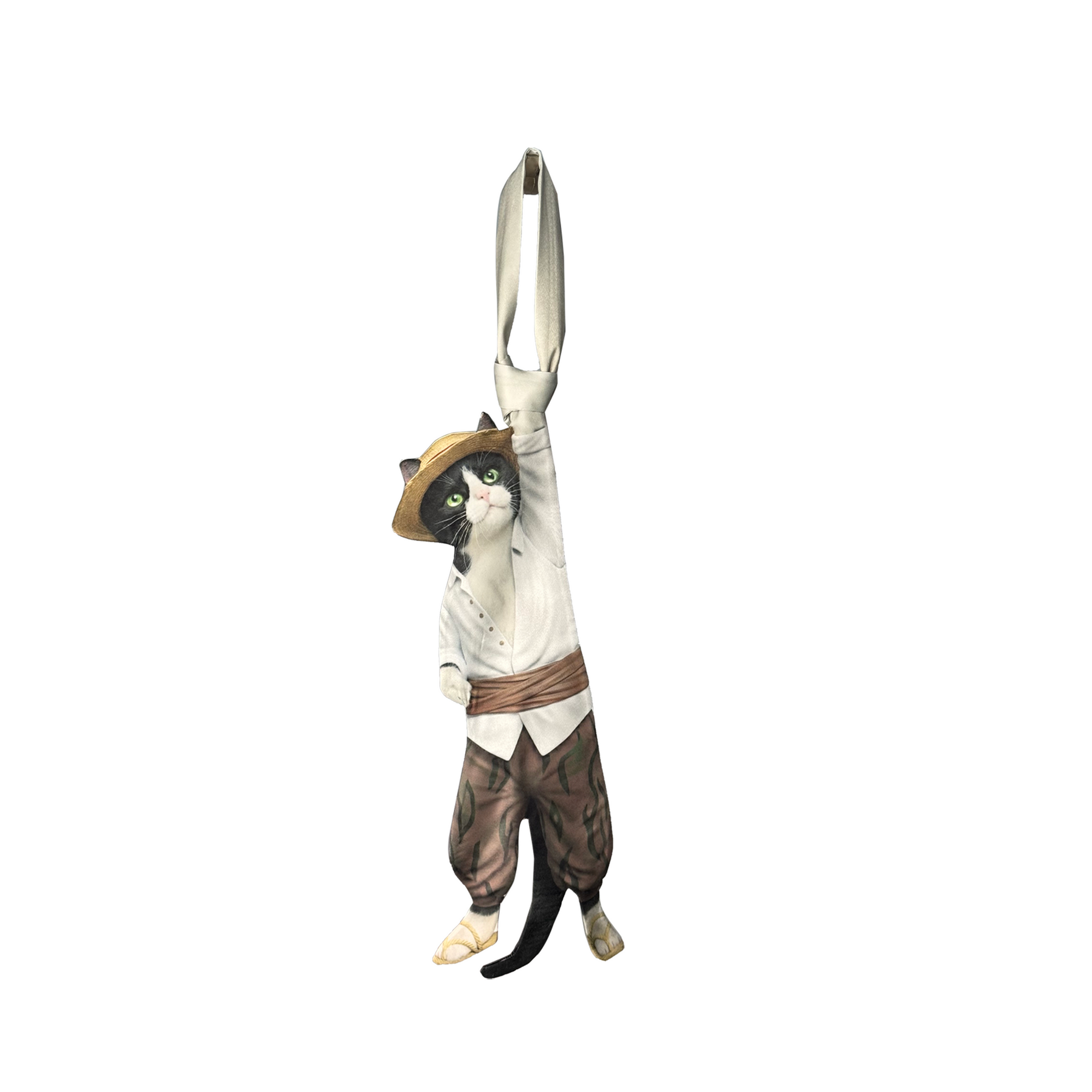 Novelty necktie featuring a creative illustration of a tuxedo cat cosplaying as Red-Haired Shanks from One Piece, wearing his signature white shirt and brown patterned pants. A fun and unique fashion accessory for anime fans