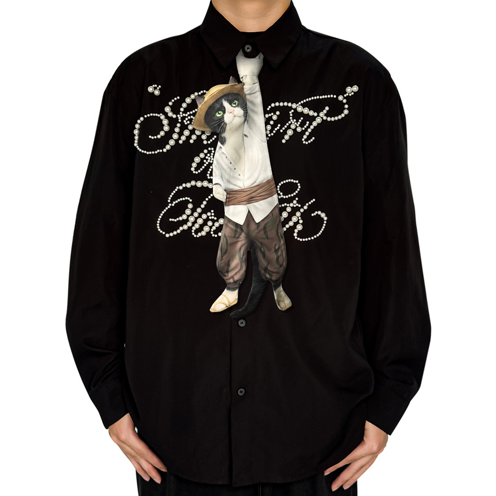 Novelty necktie featuring a creative illustration of a tuxedo cat cosplaying as Red-Haired Shanks from One Piece, wearing his signature white shirt and brown patterned pants. A fun and unique fashion accessory for anime fans