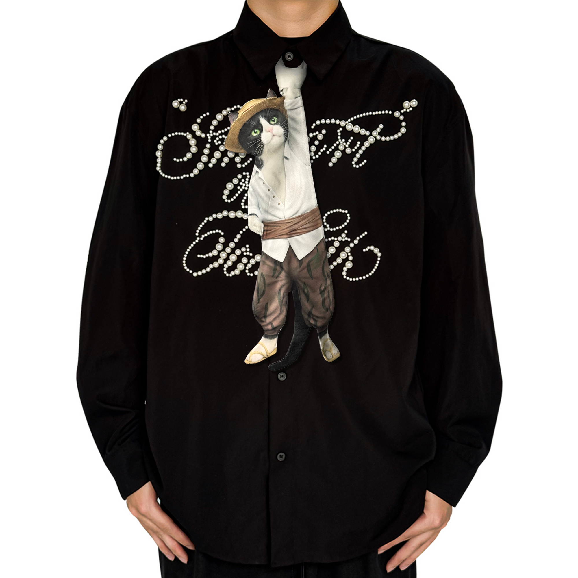Novelty necktie featuring a creative illustration of a tuxedo cat cosplaying as Red-Haired Shanks from One Piece, wearing his signature white shirt and brown patterned pants. A fun and unique fashion accessory for anime fans