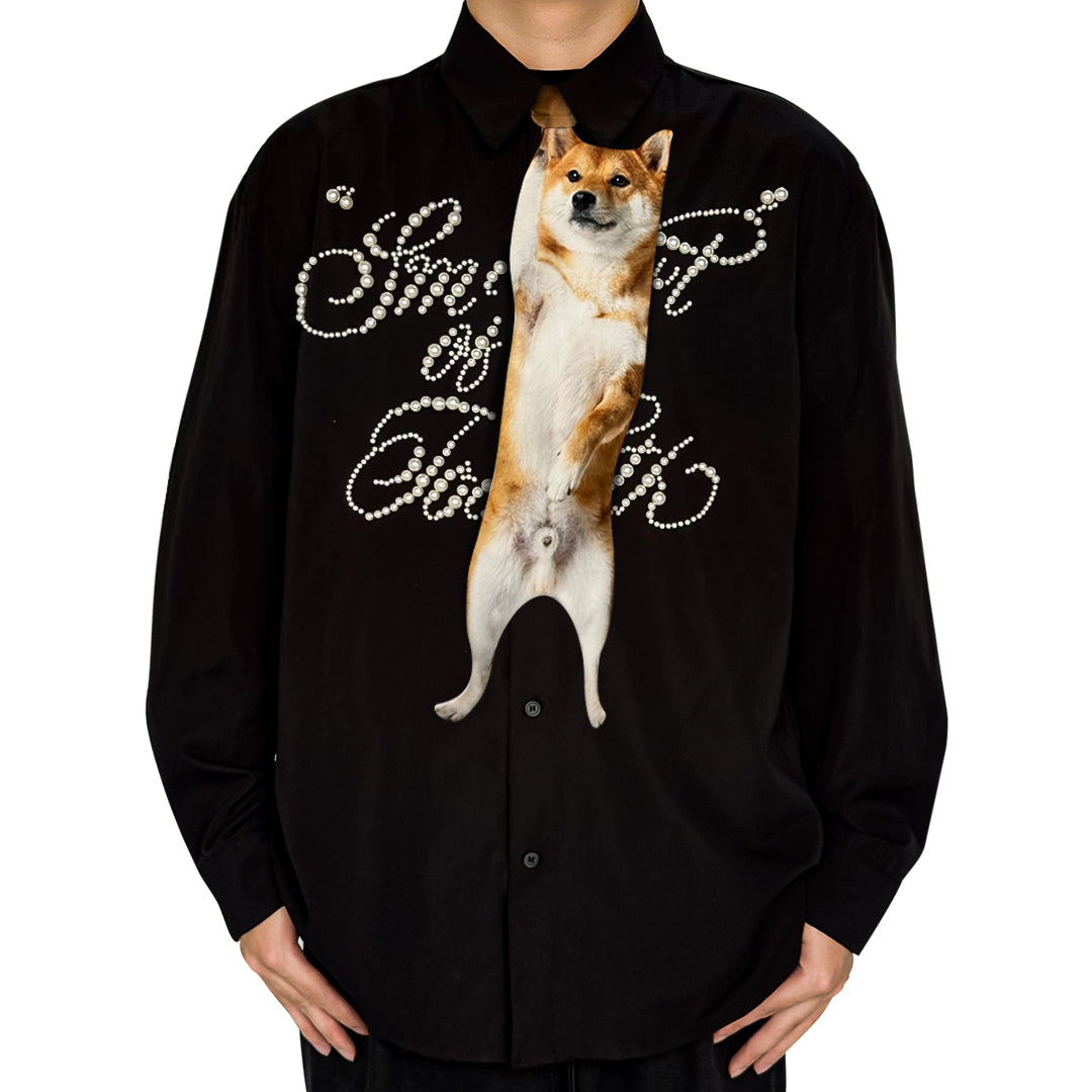 Novelty necktie featuring a realistic hanging Shiba Inu dog design, a fun and unique fashion accessory for dog lovers.