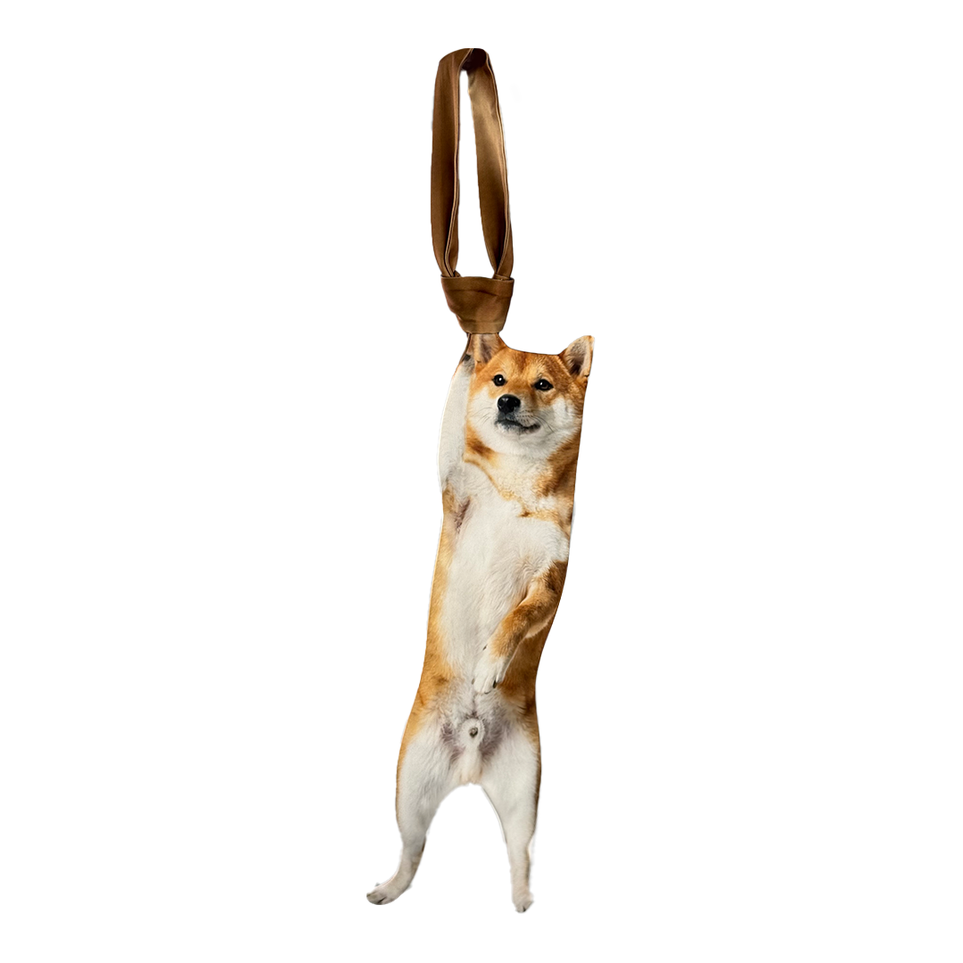 Novelty necktie featuring a realistic hanging Shiba Inu dog design, a fun and unique fashion accessory for dog lovers.