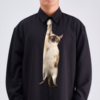 Novelty necktie featuring a realistic Siamese cat design hanging down, a fun and unique fashion accessory.