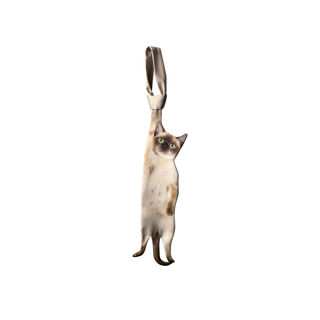Novelty necktie featuring a realistic Siamese cat design hanging down, a fun and unique fashion accessory.