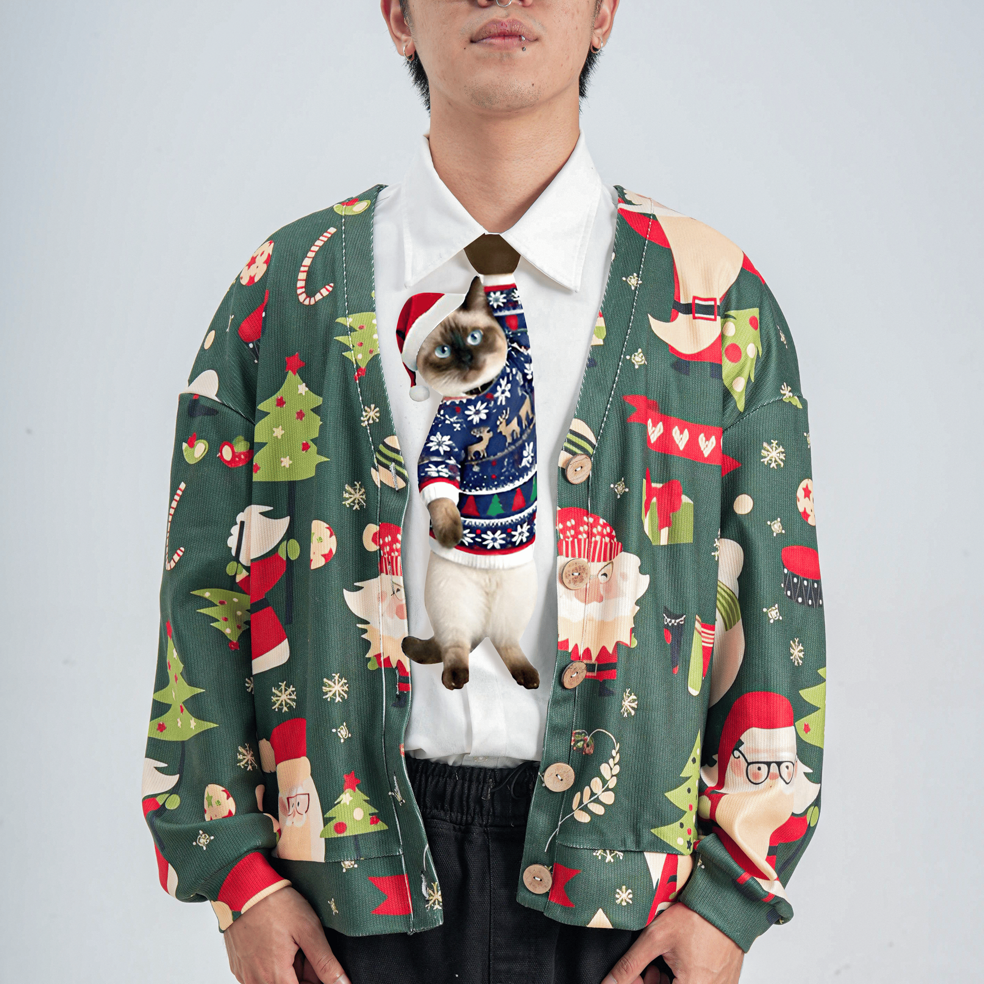 Novelty necktie featuring a Siamese cat wearing a festive Christmas sweater and Santa hat, perfect for holiday fashion.