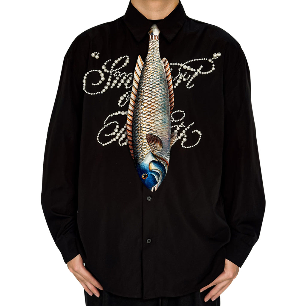 Novelty necktie featuring a realistic hanging silver-scaled fish design, a unique and eye-catching fashion accessory.