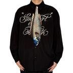 Novelty necktie featuring a realistic hanging silver-scaled fish design, a unique and eye-catching fashion accessory.