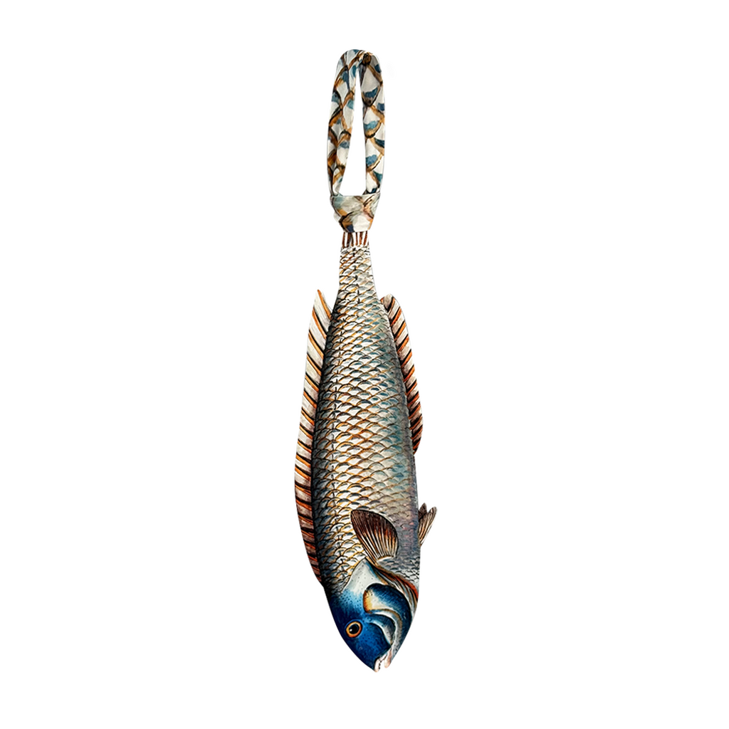 Novelty necktie featuring a realistic hanging silver-scaled fish design, a unique and eye-catching fashion accessory.