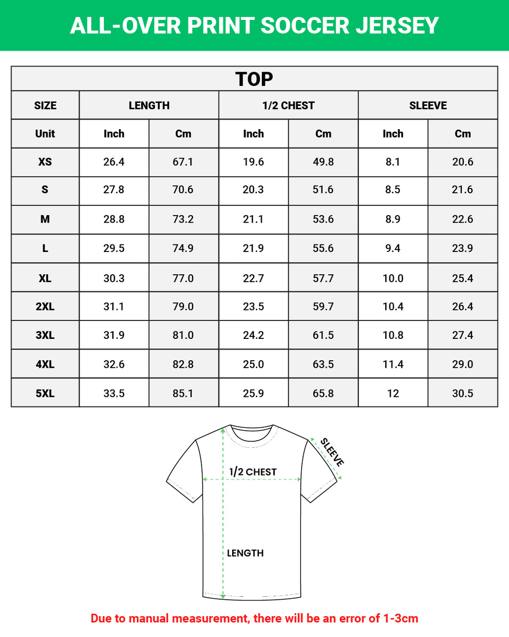 Size chart for all-over print soccer jersey with measurements in inches and centimeters.