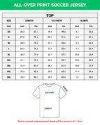 Size chart for all-over print soccer jersey with measurements in inches and centimeters.