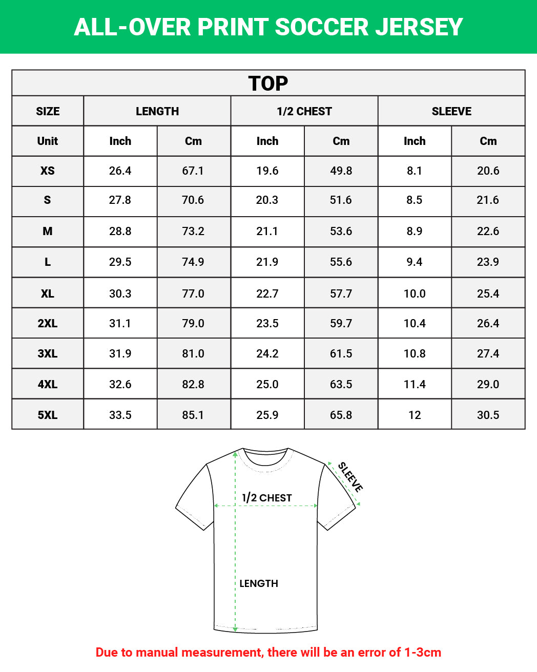 Size chart for all-over print soccer jersey with measurements in inches and centimeters.