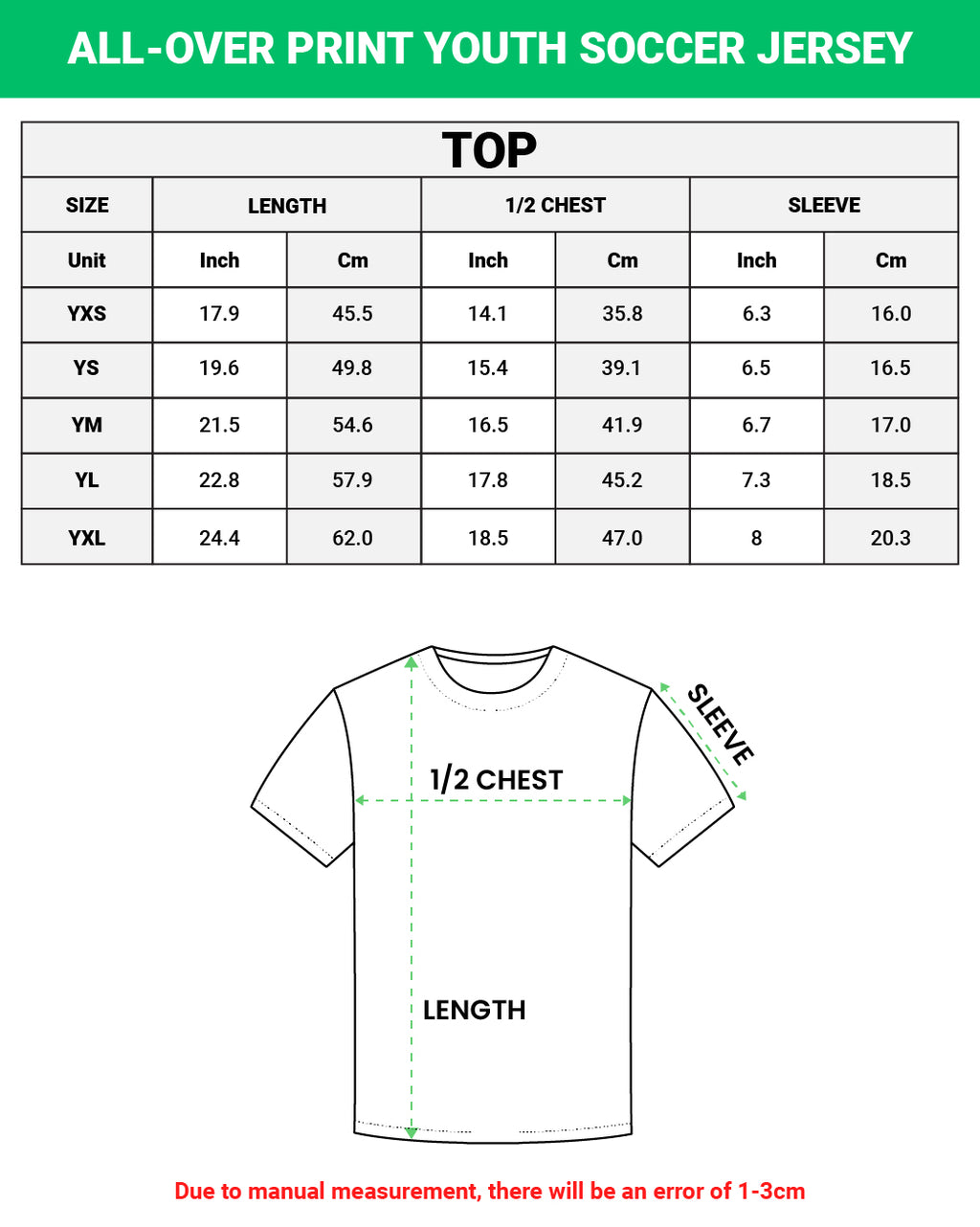 Measurement chart for all-over print youth soccer jersey with size chart and t-shirt diagram.