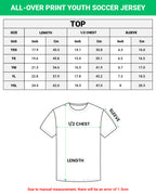 Measurement chart for all-over print youth soccer jersey with size chart and t-shirt diagram.