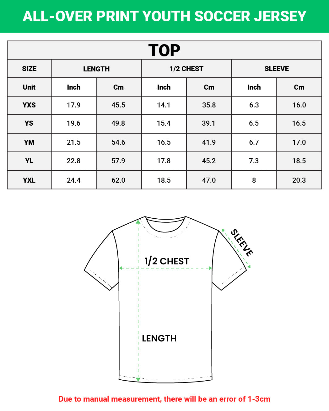 Measurement chart for all-over print youth soccer jersey with size chart and t-shirt diagram.