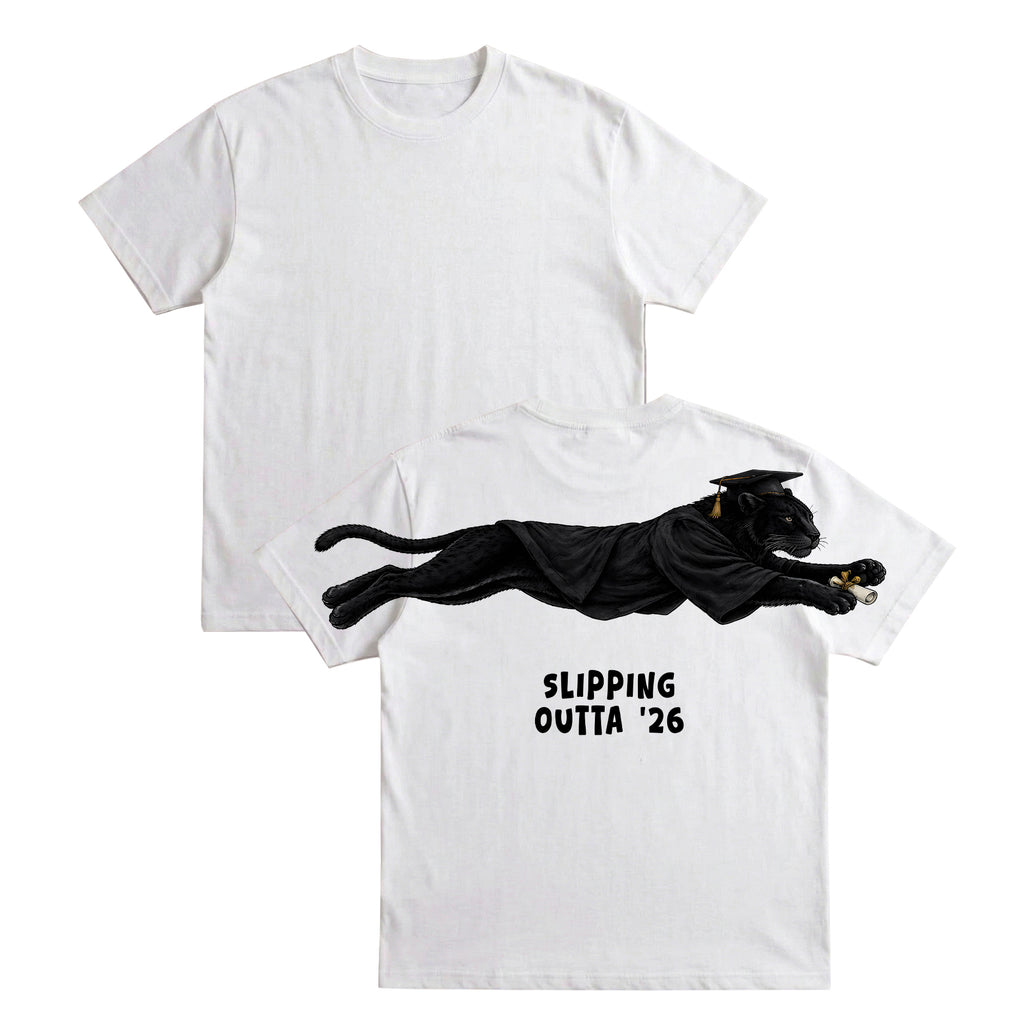 Slipping Outta 26 Panther Graduation Graphic Tee By Dripvity. Edgy unisex oversized black washed t-shirt with leaping panther in graduation cap. Perfect 2026 senior graduation streetwear gift. Shop now!
