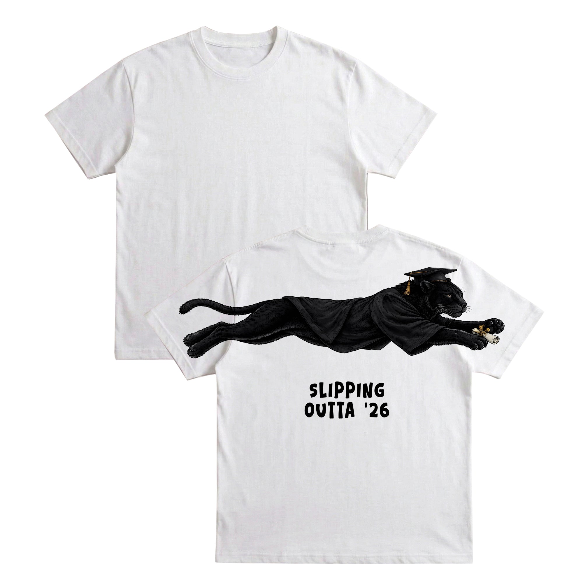 Slipping Outta 26 Panther Graduation Graphic Tee By Dripvity. Edgy unisex oversized black washed t-shirt with leaping panther in graduation cap. Perfect 2026 senior graduation streetwear gift. Shop now!