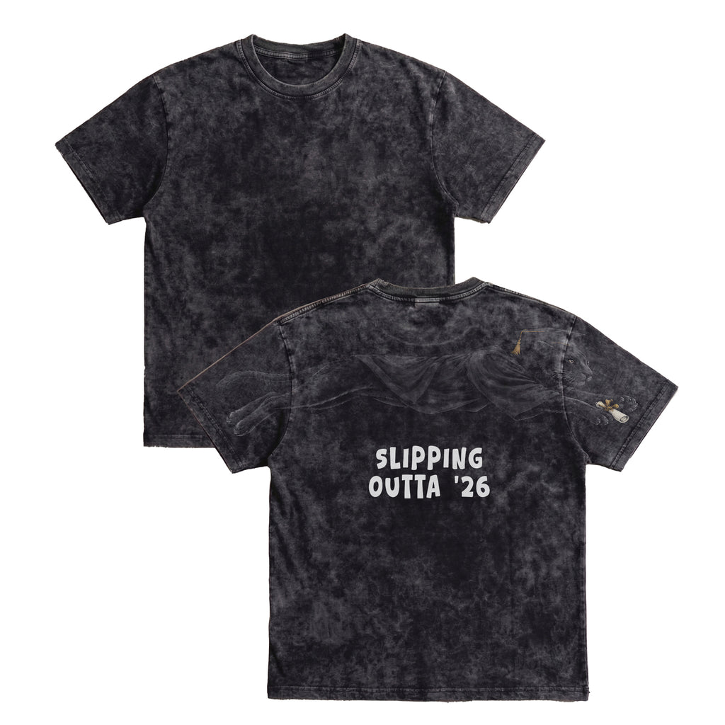 Slipping Outta 26 Panther Graduation Graphic Tee By Dripvity. Edgy unisex oversized black washed t-shirt with leaping panther in graduation cap. Perfect 2026 senior graduation streetwear gift. Shop now!