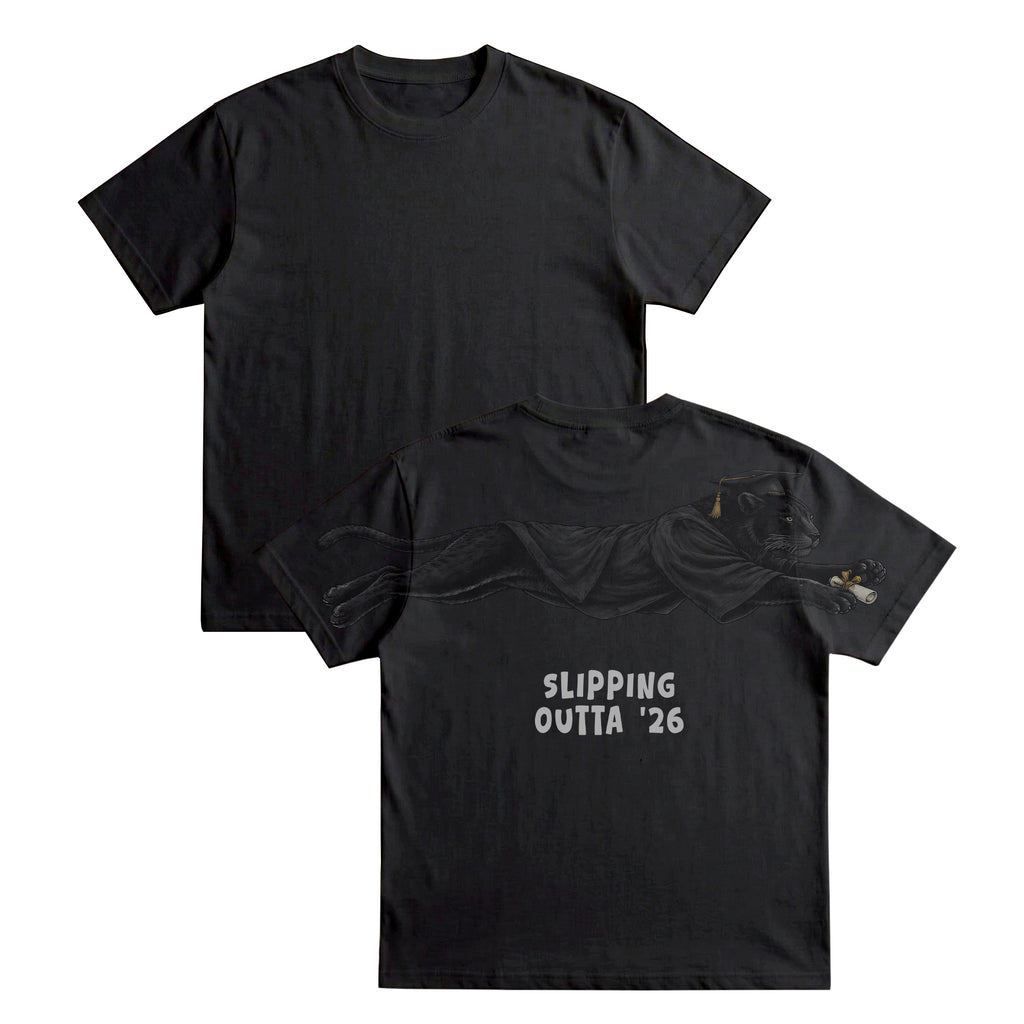 Slipping Outta 26 Panther Graduation Graphic Tee By Dripvity. Edgy unisex oversized black washed t-shirt with leaping panther in graduation cap. Perfect 2026 senior graduation streetwear gift. Shop now!
