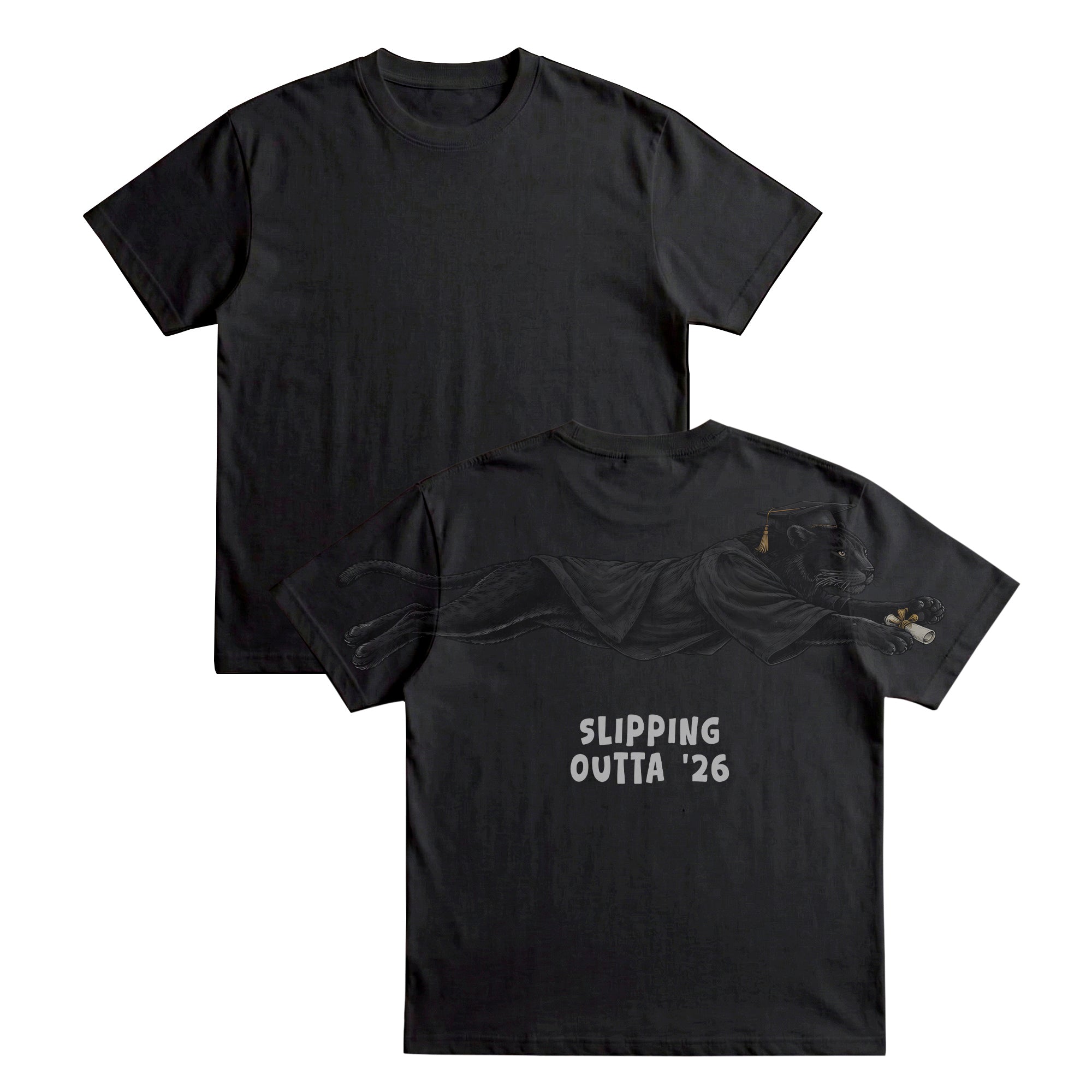 Slipping Outta 26 Panther Graduation Graphic Tee By Dripvity. Edgy unisex oversized black washed t-shirt with leaping panther in graduation cap. Perfect 2026 senior graduation streetwear gift. Shop now!