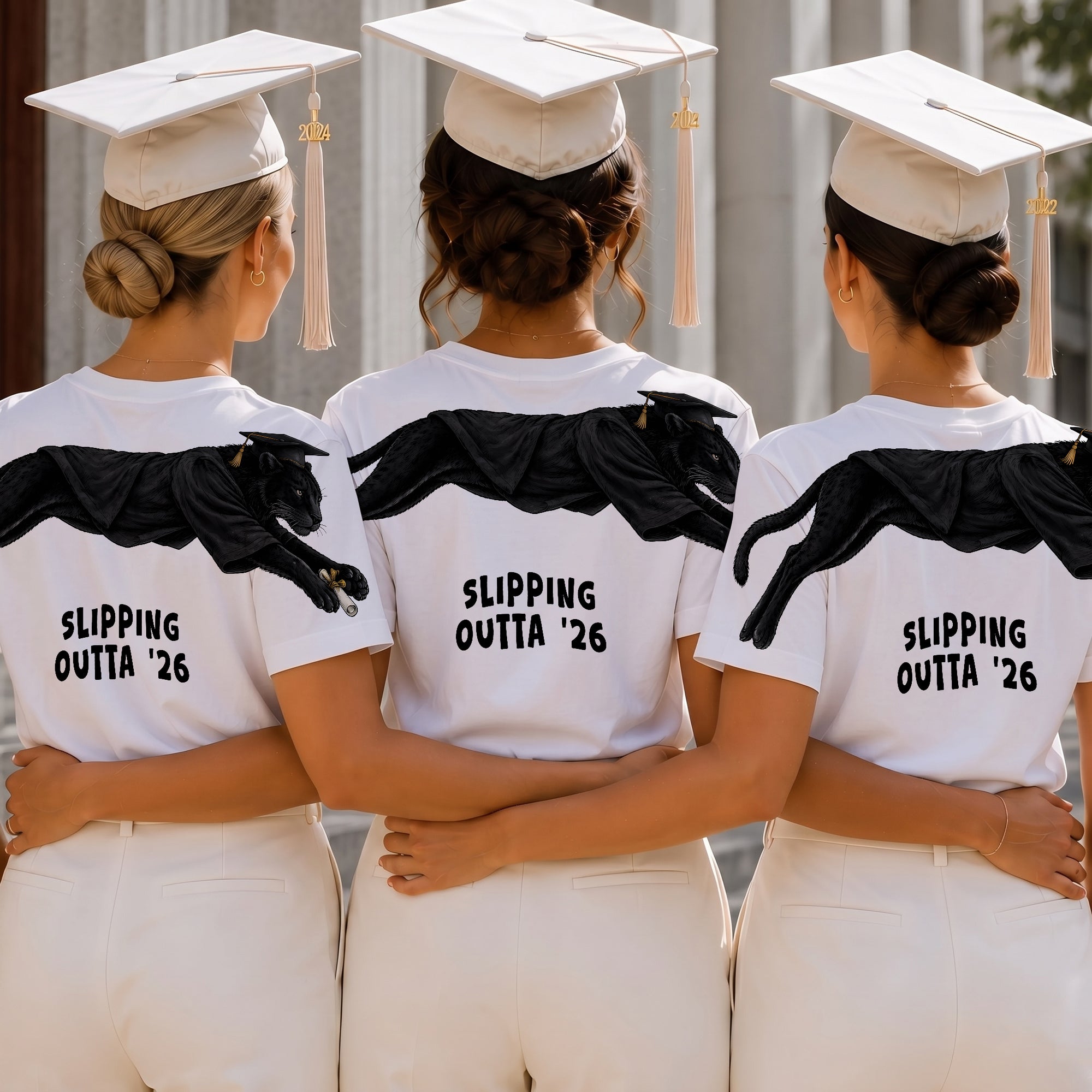 Slipping Outta 26 Panther Graduation Graphic Tee By Dripvity. Edgy unisex oversized black washed t-shirt with leaping panther in graduation cap. Perfect 2026 senior graduation streetwear gift. Shop now!