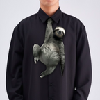 Novelty necktie featuring a realistic hanging sloth design, a fun and unique fashion accessory.