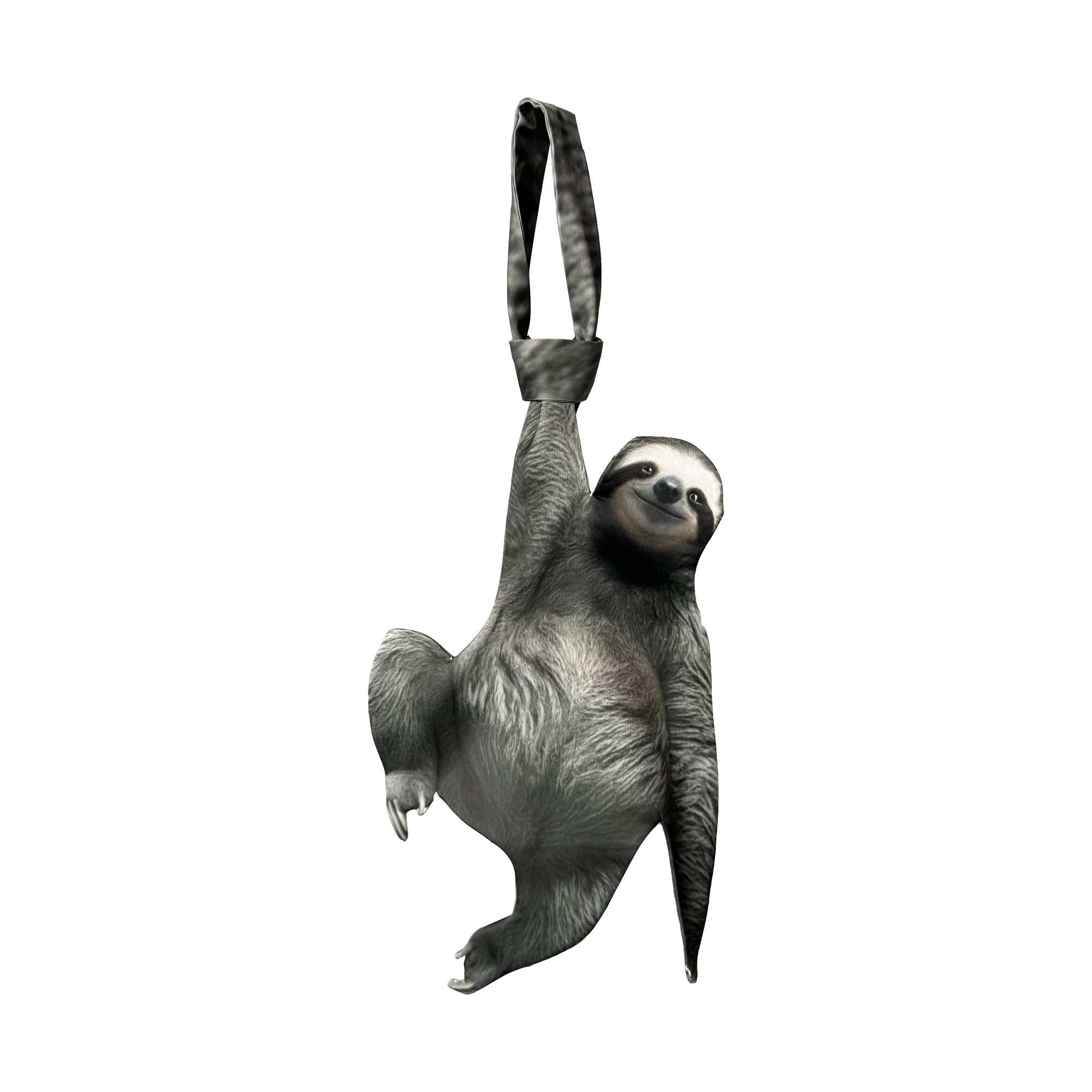 Novelty necktie featuring a realistic hanging sloth design, a fun and unique fashion accessory.