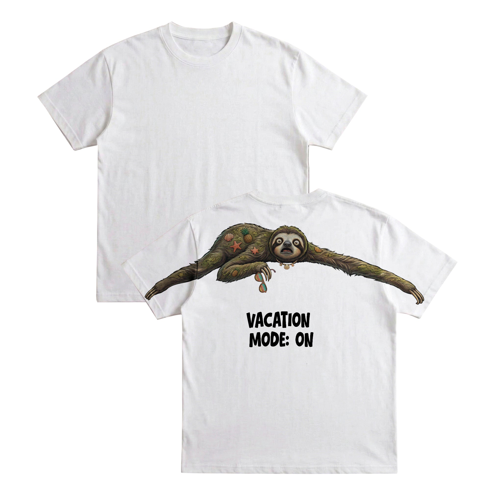 Sloth Vacation Mode On graphic tee black by Dripvity, unisex oversized t-shirt with relaxing sloth print and funny vacation text
